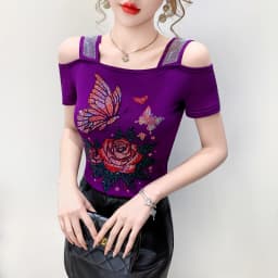 New Designer Hot Diamond Mesh T-Shirt Women Korean Style Sexy Off Shoulder Slim Tee Summer Casual Streetwear Tops