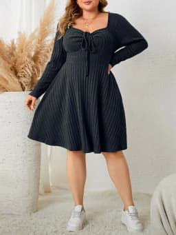 GIBSIE Plus Size Sweettheart Neck Knot Front A-Line Dress Women Fall New Vintage Long Sleeve Ribbed Knit Casual Winter Dresses