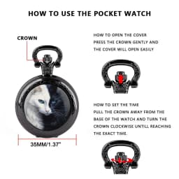 Cool Black White Cat Pattern Arabic Digital Dial Quartz Pocket Watch Vintage Necklace Pendant Chain Gift for Women Man Children