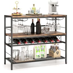 Home Bar Cabinet with 4 Rows Glass Holder & Wine Rack for 7 Wine Bottles, Kitchen Rack 4 Tiers, Metal Frame, Rustic Brown