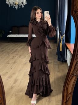 Elegant Solid Layered Ruffle Long Dress Women O Neck Long Sleeve Belt Chiffon Maxi Dress Autumn Wedding Guest Evening Party Robe