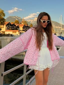 Y-Neck Floral Print Cotton Jacket Padded Coat Pink Lace Up Loose Casual Japanese Cardigan Cotton-Padded Coats Women Warm Outwear