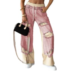 Summer Women's Large Hole Patchwork Jeans High Waist Wide Legs Trousers Cool Girl Casual Bottoms Female Denim Pants