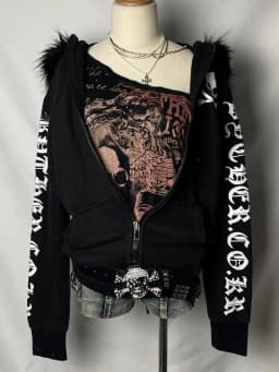 New Retro Oversized Printed Fur Collar Jacket Gothic Streetwear Skull Hoodie Y2K Women Hip Hop Harajuku Winter Hooded Sweatshirt