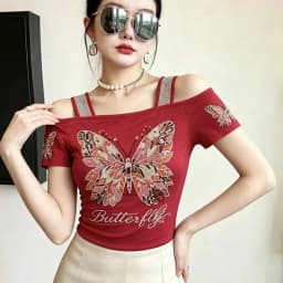 New Designer Hot Diamond Mesh T-Shirt Women Korean Style Sexy Off Shoulder Slim Tee Summer Casual Streetwear Tops
