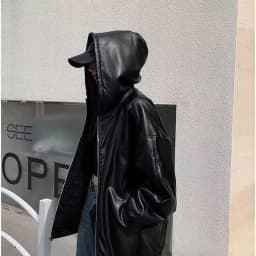 Chic Fleece Pu Reversible Women Jacket Hooded Zip Up Oversized Black Grunge Y2K Streetwear Loose Baggy Winter Coat Top