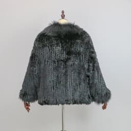 New Extra Long Real Genuine Natural Knitted Rabbit Fur Shawl Coat with Fox Fur Collar Women's Fashion Knit Jacket Cape