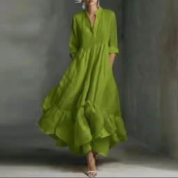 Women's Casual Dresses 2026 Spring Elegant V Neck High Waist A-Line Long Dress Retro Solid 3/4 Sleeve Ruffle Hem Boho Maxi Dress