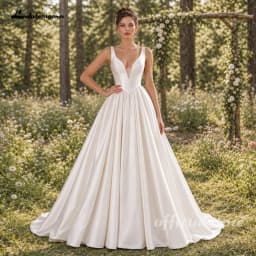 Lakshmigown Satin Deep V-neck Ball Gown Wedding Dress with Lace-up Back Ivory Wedding Gown Cheap Robe De Mariee Customized