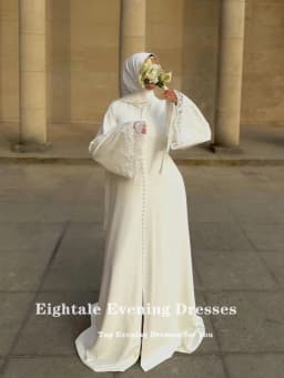 Eightale Arabic Wedding Dress Customized Ivory Satin Appliques Lace Muslim Long Sleeves Buttons Bridal Gown Bride Party Dress