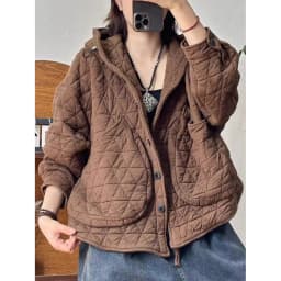 Fashionable Diamond Pattern Loose Hooded Jacket Women's Large Pocket Casual Cotton Coat Trendy Autumn Winter New Style