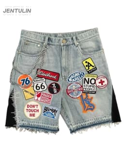 Retro Blue Streetwear Patchwork Denim Short Y2K Jeans Men Women Hip Hop Cartoon Graphics Loose Metal Denim Fitness Casual Shorts