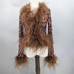 Women See-Through Top with Real Ostrich Feather Brown Black Cropped Jacket Top Bolero 240711