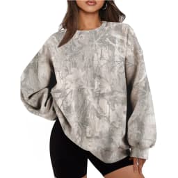 Printed Loose Fit Hoodie with Plant Floral Pattern Mid Length Streetwear No Hood Casual Long Sleeve Pullover Women Hoodie