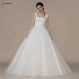 BEPEITHY Customized Shinny Square Bride Wedding Dresses For Women Long Sleeves Glitter Open Back Bridal Modern Ball Gown 2023