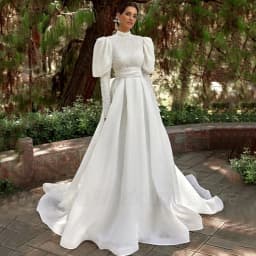 Exquisite High Neck Sequin Wedding Dress Puff Long Sleeves A-Line Floor Length with Belt Customized Sweep Train Bride Gowns Robe
