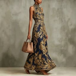 Baroque Print Halter Neck Maxi Dress Sleeveless High Waist A-Line Formal Evening Gown Elegant Vintage Party Dress for Women