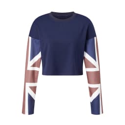 Combhasaki Women's Y2k Cropped Sweatshirt Flag Print Patchwork Long Sleeve Crew Neck Hoodies Casual Loose Fall Pullover Tops