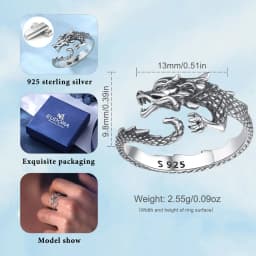 Eudora 925 Sterling Silver Cool Dragon Adjustable Ring for Men Women Temperament Personality Dragon Ring vintage Jewelry Gift