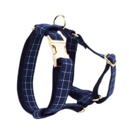Dark Blue Check Dog Collar Leashes Harness Bow Set Grid 02