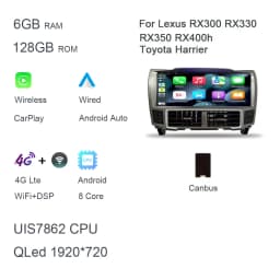 1920*720 QLED 12.3" Carplay 8G+128G Android 13 Car DVD Player GPS Stereo Radio For Lexus RX300 RX330 RX350 RX400h Toyota Harrier