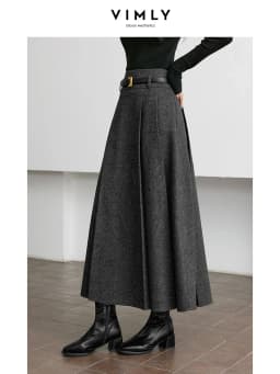 VIMLY Elegant Wool Blend Pleated Maxi Skirt for Women 2026 Winter High Waist Stereo Heavy Duty Skirt Office Lady Clothes M9173