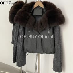 OFTBUY Cable Knit Sleeve Zipper Drawstring Hem Cropped Coat 90 White Duck Down Jacket Women Cozy Warm Winter Real Fox Fur Collar