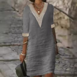 Retro Solid Color Hollow Out V-neck Half Sleeve Women Dress Vintage Streetear Clothing Cotton Linen Loose Dress Spring Summer