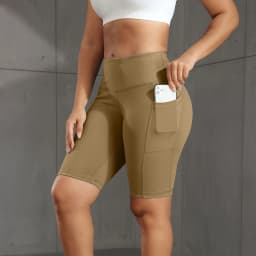 CHRLEISURE Women Solid Yoga Shorts with 3 Pockets High Waist Butt Lifting Workout Tights Gym Elastic Cycling Shorts Activewear