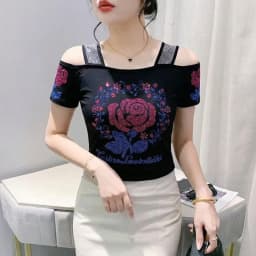 New Designer Hot Diamond Mesh T-Shirt Women Korean Style Sexy Off Shoulder Slim Tee Summer Casual Streetwear Tops