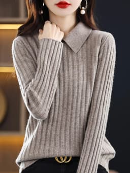 Autumn Winter New Woman 100% Wool Sweater Soft Polo Collar Vertical Stripe Pullover Casual Knitted Tops Cashmere Female Sweater