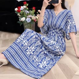 n Long Print Dr V-Ne Slimming Cotton Silk Beachwear Casual High Waist Summer Women's Loose Fit Overhead Dr