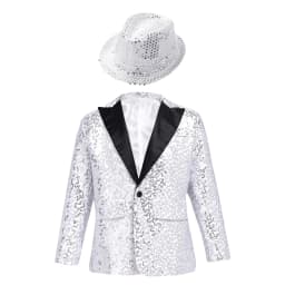 Kids Boys Shiny Sequins Coat Modren Competition Dance Performance Jacket Banquet Party Long Sleeve Tuxedo Suit with Fedora Hat