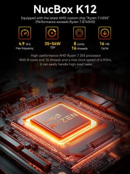 GMKtec Mini PC K12 Nucbox AMD Ryzen™ 7 H 255 WiFi 6 BT 5.2 Dual 2.5G LAN OCulink Desktop Computer