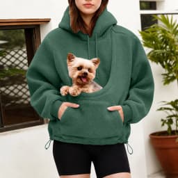 Women Fall And Winter Casual Fleece Solid Color Pet Pocket Hooded Sweatshirt Funny Adjustable Hem Pullover Hooded Women Pullover
