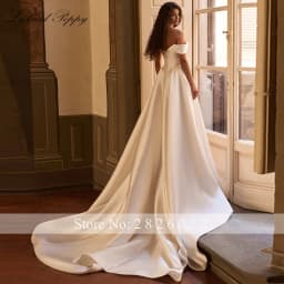 Lceland Poppy Customized A Line Mikado Satin Wedding Dresses Off the Shouler Bridal Gowns with Chapel Train