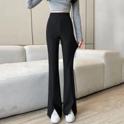 Black Front Split Flares Pants Women Fashion High Waist Elastic Slim Fit Wide Leg Pants Woman 2025 Y2K Simple Popular Trousers