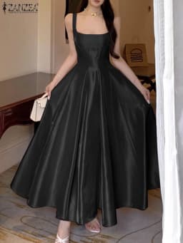 ZANZEA Women's Silky Satin Wedding Guest White Maxi Dress Elegant Square Neck Sleeveless Evening Gown Graceful Party Robes Femme