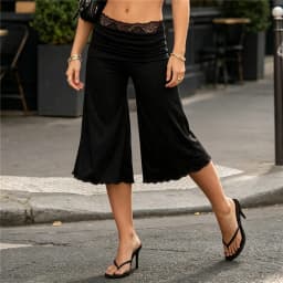 Y2K Lace Trim Low Waist Draped Flared Capri Pants for Women Soft Lettuce Hem Culottes Fold Over Waist Casual Loose Streetwear