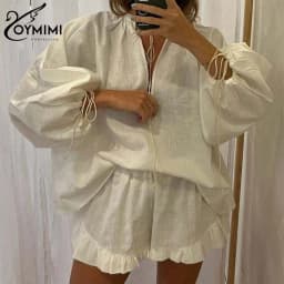 Oymimi Elegant White Cotton 2 Piece Sets Women Outfit Fashion Wrist Sleeve Lace-Up Blouse And High Waist Pleated Shorts Sets