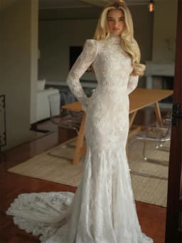 Kyoto Customized Off-white Lace Flower Boho Wedding Dress High Neck Long Sleeves vestidos de noche Modest Chapel Train Formal