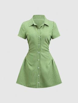 Women's Summer Mini Dress V Neck Bubble Sleeve Pleated A Line Shirt Dress Casual Short Dresses for Women