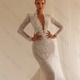 Customized 2026 New Elegant White High Neck Deep V Lace Long Sleeve Mermaid Wedding Evening Dress