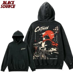 T497 Bai Men's Catman Red Moon Cat Graphic Hoodie, Japanese Streetwear Pullover Sweatshirt, Oversized Casual Urban Fashion