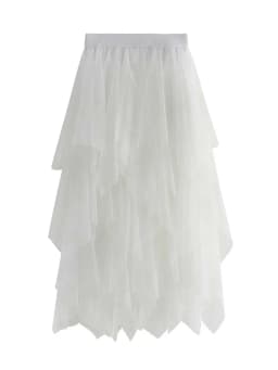 Women Sweet Midi Spring And Summer High Waist Solid Asymmetrical Elegant Chic White Mesh Tulle Skirts Faldas
