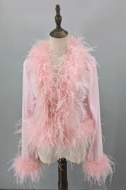 Women See-Through Top with Real Ostrich Feather Brown Black Cropped Jacket Top Bolero 240711
