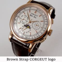 Corgeut 42mm Automatic Men's Watch Date Day Month Year Salmon Dial Multifunction 316L Leather Strap Polished Case Day Night