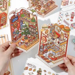 13 Pcs in 1 Book Cartoon 2.8D Landscape Sticker DIY Pocket Cabin Scene Stacking and Stick Stickers Gift for Kid Child Student