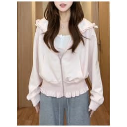 Cute Pink Folded Hem Hoodie Jacket Women's Short Style Sweatshirt Spring Autumn New Design Versatile Korean Version Commute Wind