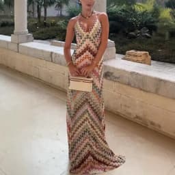 Bohemian Multicolor Chevron Halter Maxi Dress Retro Deep V Neck Criss Cross Backless Sleeveless Pleated Draped Dresses Holiday